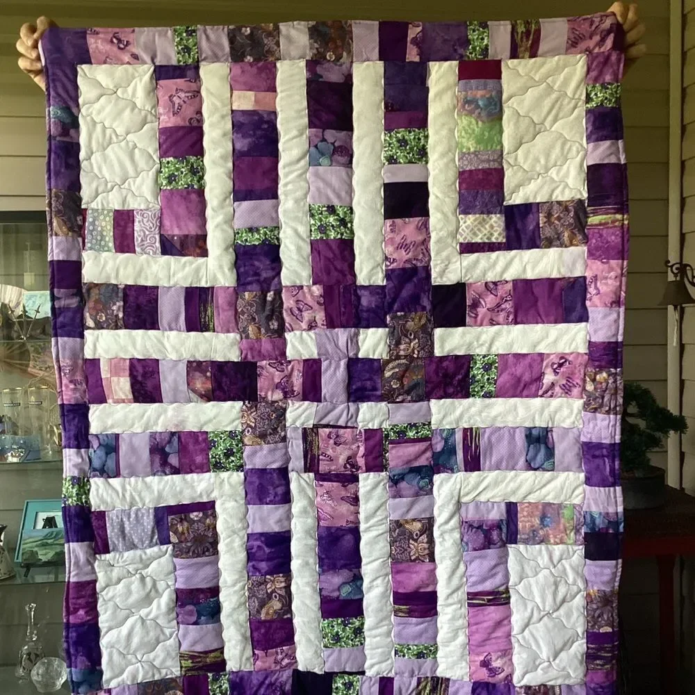 NWT Hand Crafted Purples and White Quilt